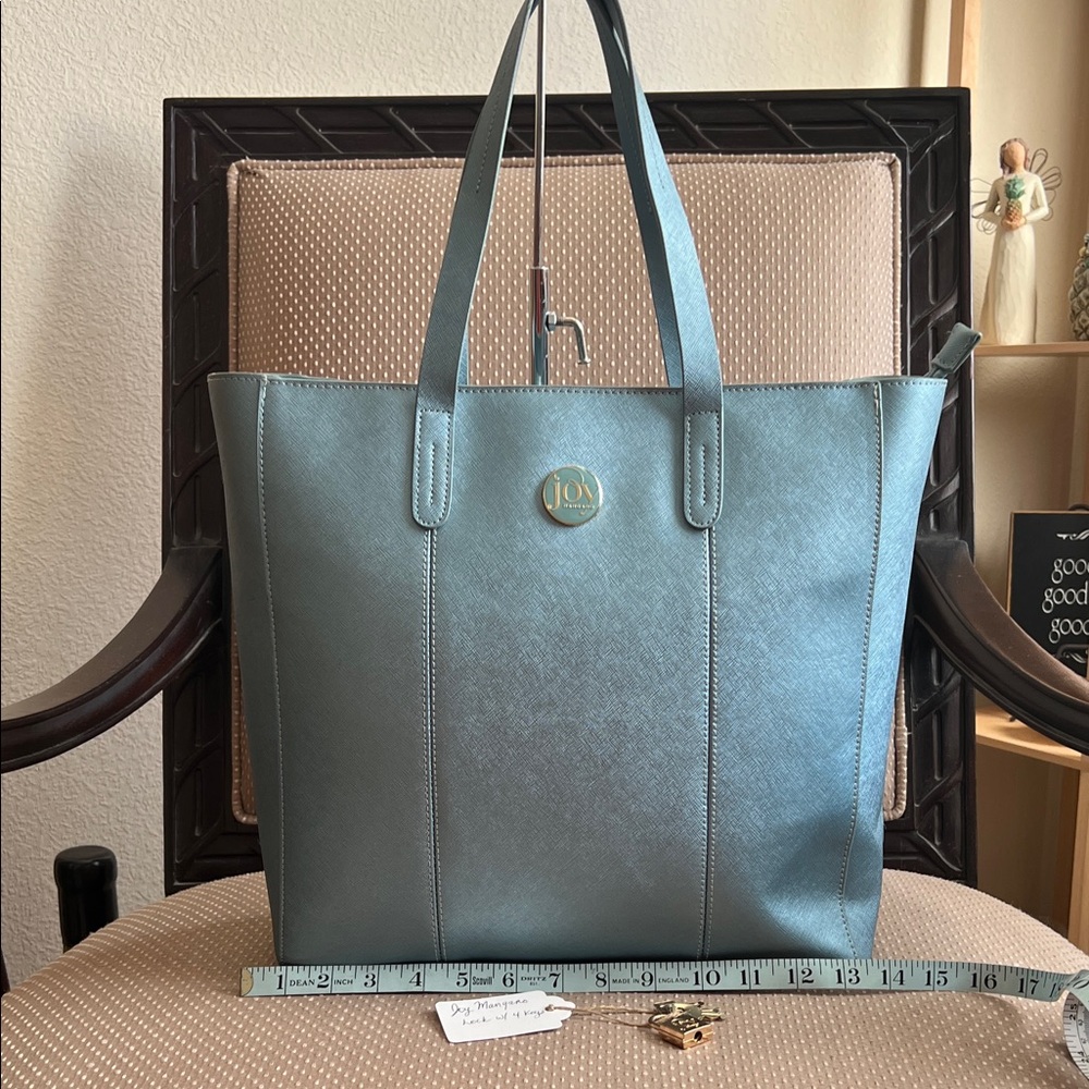 Joy mangano tote metallic blue leather GUC